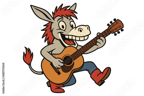 A cartoon donkey musician is depicted in a multicolored drawing, playing a double bass in a vector image isolated on white