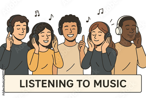 A group of young people and cartoon characters are depicted in a vector illustration, listening to music and enjoying songs with headphones