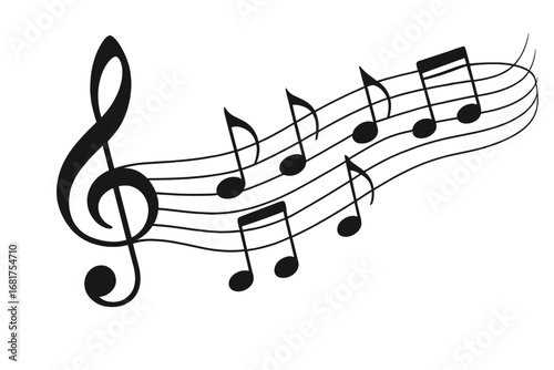 A white background features illustrations of music symbols