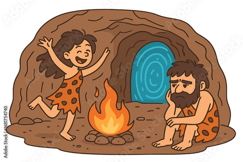 A prehistoric family gathers around a fire, with a caveman playing an ancient instrument and a Neanderthal woman dancing in the cave