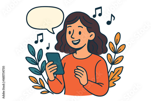 Woman dancing outdoors while wearing headphones in a vibrant, isolated vector illustration