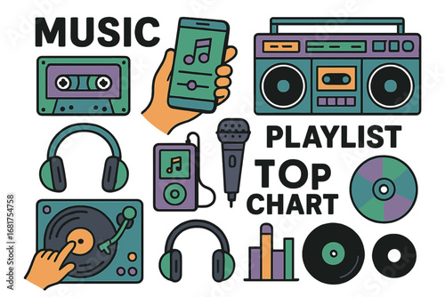 Vertical banner featuring hands and various music-related devices in a colorful, line art style illustration