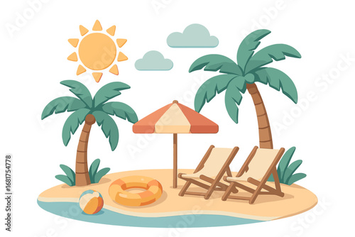 A summer-themed backdrop showcasing 3D realistic vector renders of palm trees, striped beach chairs, a sun‑cloud, a swim ball, and a ring