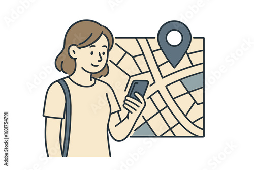 A hand grips a smartphone while using a GPS map app to find a route and location, with the person viewing the navigation screen in a hand‑drawn vector style