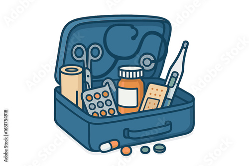 Vector illustration of a travel first‑aid kit that includes a face mask, antibacterial gel, thermometer, patch, and pills