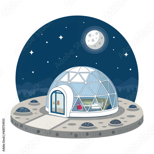 Whimsical UFO spaceship home under a starry night sky with a full moon vector
