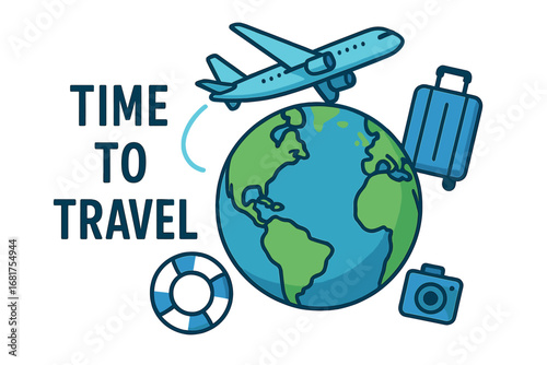 A vector illustration of a 3D tourism and travel concept featuring Earth, a location pin, and a flying airplane
