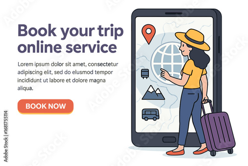Digital travel booking illustration: a woman using a smartphone to reserve plane and train tickets, planning her trip with luggage in hand, suitable for a website or app concept