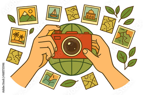 red camera held, travel photos, globe, leaves clip art preview
