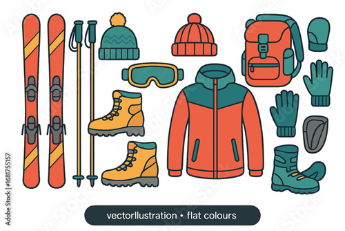 A ski gear collection for an active mountain winter getaway, featuring a snowboard, backpack, helmet, boots, gloves, beeper, sunscreen, thermos, and map, presented as a flat isolated vector