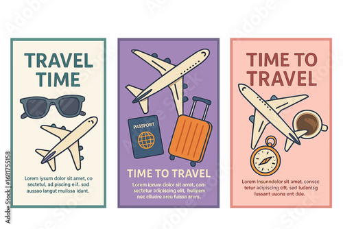 Vector travel promotion poster set featuring a “Time to travel” tagline and a special business‑trip discount offer