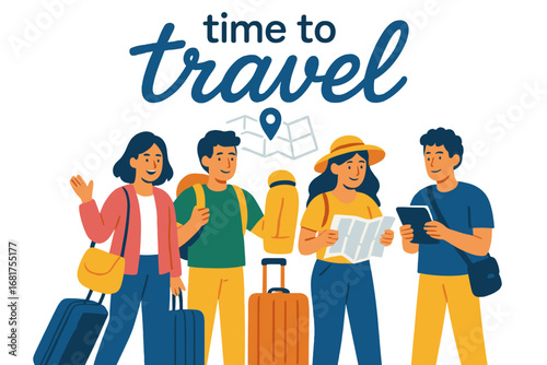 A group of male and female travelers with backpacks, luggage, and a map, depicted as tourist characters journeying abroad in a vector illustration