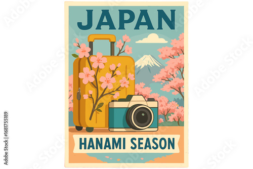 A 3D travel poster featuring a yellow suitcase and a camera set against a stunning cherry blossom scenery