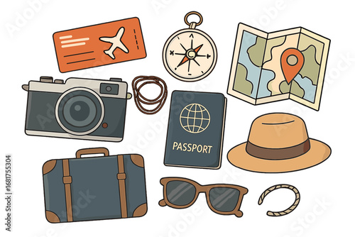 A flat vector illustration on a white background depicting travel everyday carry items, such as a tourist bag, accessories set, and backpack essentials, supplies, and equipment