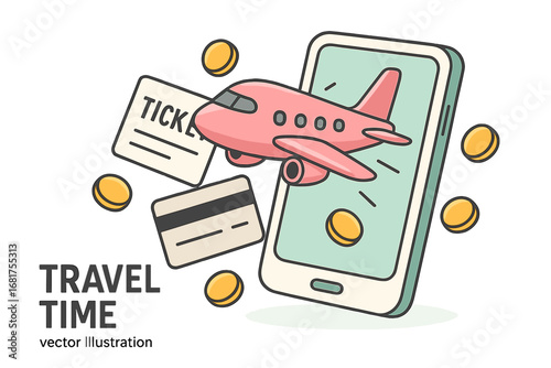 Travel duration, mobile online payment for airline tickets, airplane shown on a smartphone, inventive concept with realistic 3D design, business idea featuring volumetric icons, vector illustration