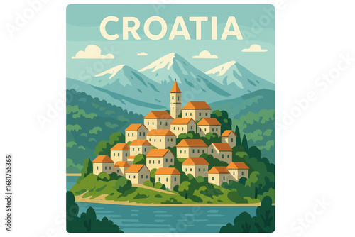 Wallpaper Mural A hand‑drawn vector illustration for a Croatia travel poster, showcasing a romantic Mediterranean landscape with a village in the foreground and sea and islands in the background Torontodigital.ca