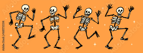 Halloween doodle set of dancing skeletons with hand drawn crayon texture