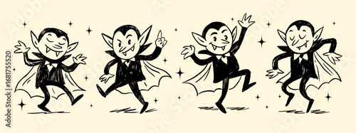 Halloween doodle set of dancing vampires with hand drawn crayon