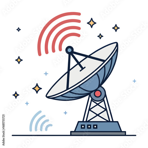 Satellite dish broadcasting signals through space with stars and wireless waves