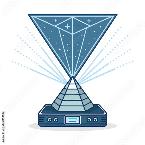 Futuristic holographic projector displaying a geometric diamond shape with radiant light beams