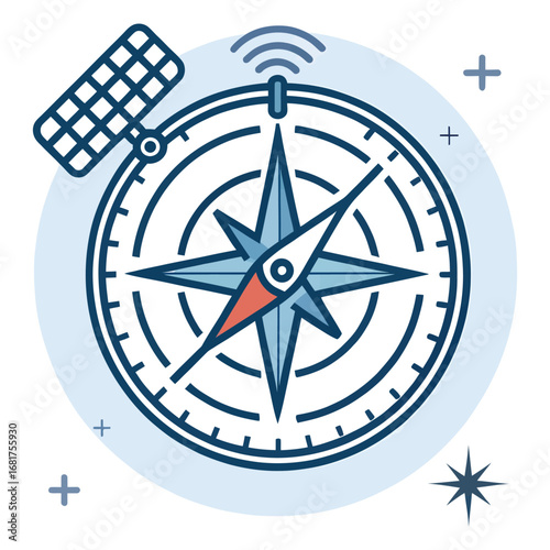Modern compass with satellite signal icon representing global navigation and tracking technology