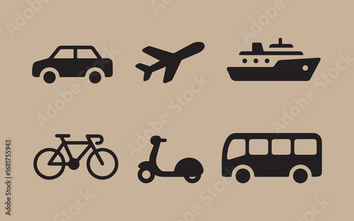 Collection of six black silhouette icons representing different modes of transportation on a tan background