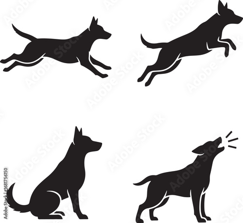 Collection of Dog Silhouette Illustrations Depicting Various Poses and Activities on White Background