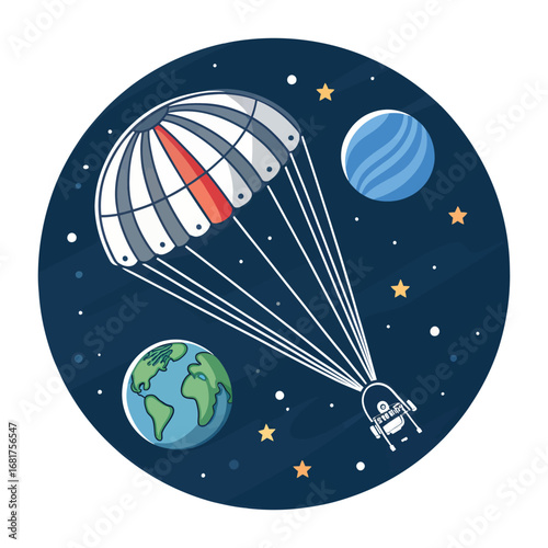 Astronaut parachuting through space with earth and planets vector
