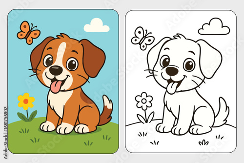 A cute cartoon puppy sitting on the grass with a butterfly, shown in both full color and as a black-and-white coloring page outline.