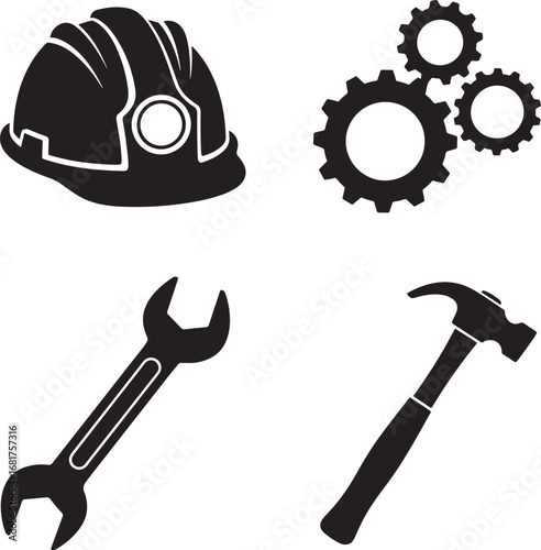Construction tools and equipment vector illustration featuring hard hat gears wrench and hammer for design projects