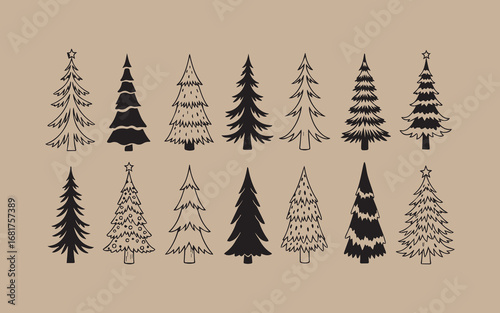 Collection of hand drawn christmas trees in various styles on kraft paper background
