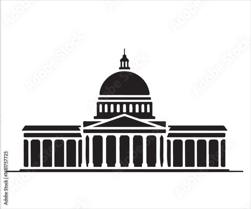 Silhouette of government capitol building with dome isolated on white background symbolizing politics, law, democracy, authority, architecture, capital city, and national institution concept illustrat