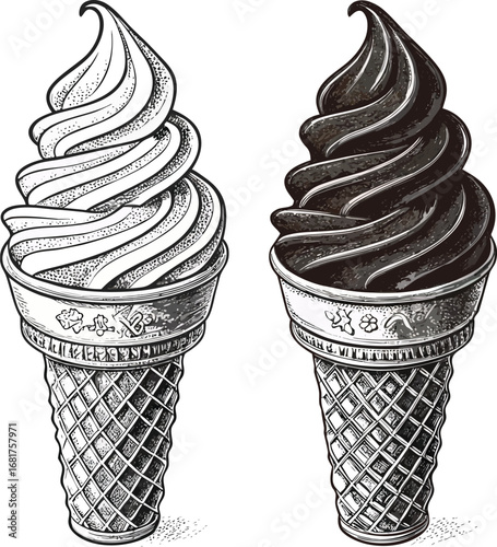 Soft serve ice cream in wafer style cone. Chocolate and cream 3d realistic vector icons 3D‑realistic soft‑serve icons (chocolate & vanilla)

