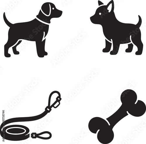 Dog Breed Icons with Leash and Bone Vector Illustration Pet Care Concept