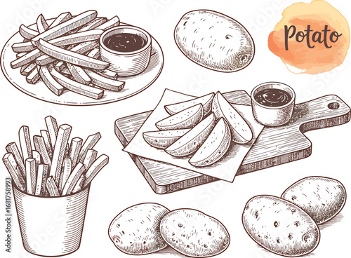 Hand drawn sketch of delicious french fries and potatoes with dipping sauce on a wooden board