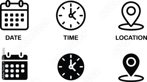 Collection of simple outline and filled icons representing date time and location on a white background
