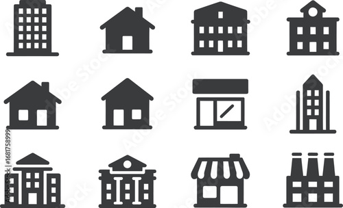 Collection of simple black building icons representing different types of architecture and structures