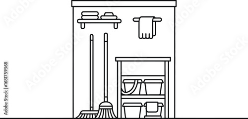 Cleaning supplies storage line art vector illustration design