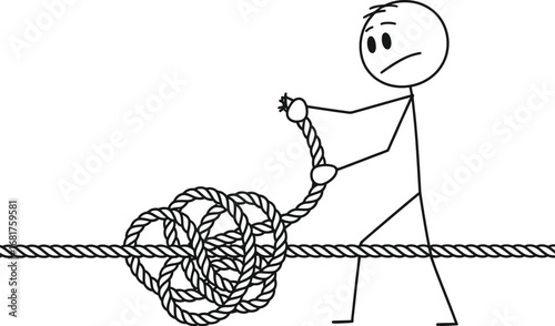 Stick figure trying to untie a complicated knot in a thick rope