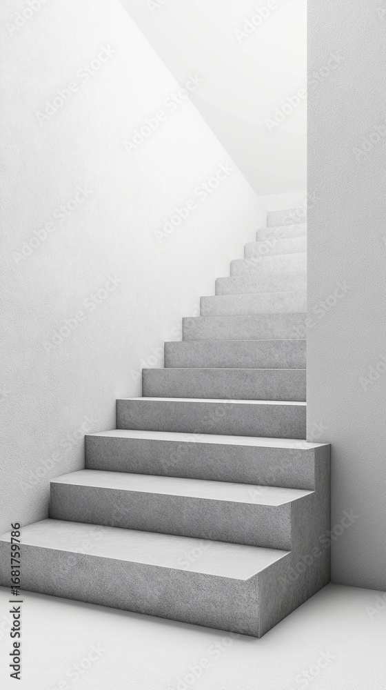 Obraz premium Minimalist concrete staircase ascending in a clean, monochromatic white interior, symbolizing progress, challenge, and architectural simplicity with elegant geometric lines