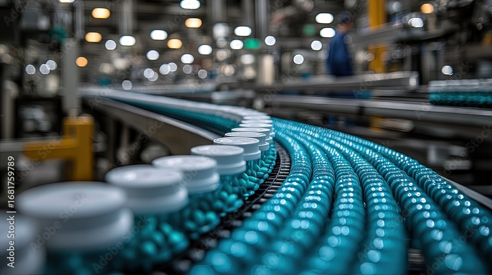 Fototapeta premium Automated bottling line with teal-colored bottles and white lids moving on a conveyor belt