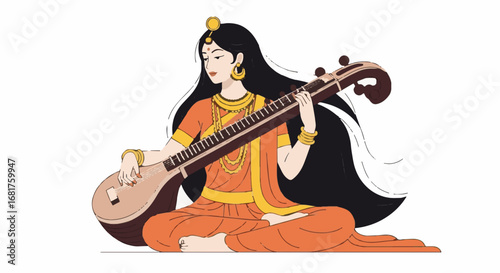 Divine Female Figure Playing Veena, Traditional Indian Musical Instrument, Celebrating Navaratri Hindu Festival and Cultural Arts