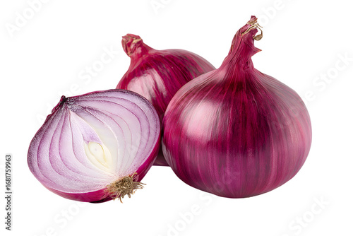 fresh red onion bulbs with one cut open revealing the inside details isolated on white background