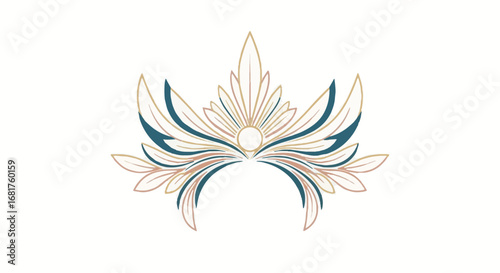 Elegant Navaratri festival crown-like ornament, symmetrical gold and teal spiritual design, traditional Indian celebration asset on white.