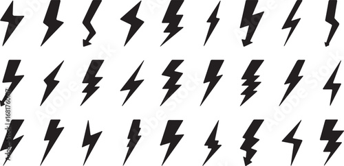 Glyph lightning bolt icon flash power vector set. Black lightning bolt icon set. Empty silhouette design for logotype electricity. Glyph flash pictograms for sign charge or voltage, thunder and lightn