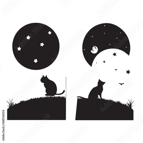 Black cat silhouettes under a starry night sky and crescent moon