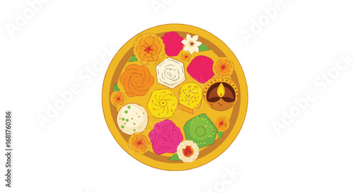Vibrant decorative platter with traditional Hindu festival sweets, flowers, and diya lamp, perfect for Navaratri celebrations and cultural events.