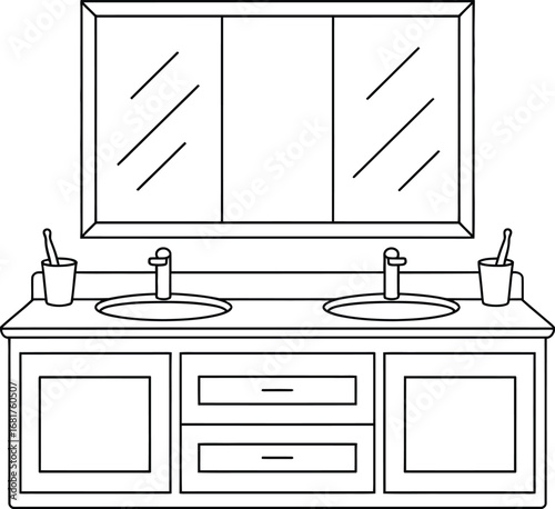 Bathroom vanity with double sinks and mirror line art drawing