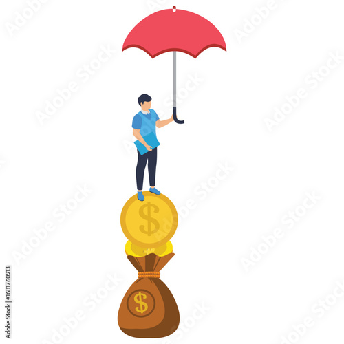 Businessman balancing on unstable stack of coins and holding umbrella financial stability risk money on stack of coins stock illustration