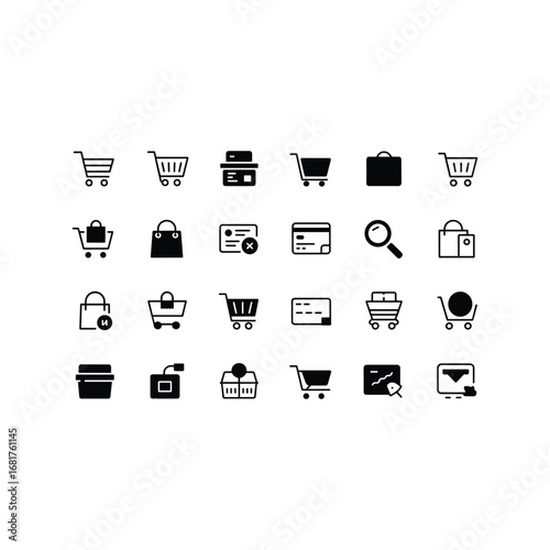 Collection of black and white shopping and e commerce icons on a white background